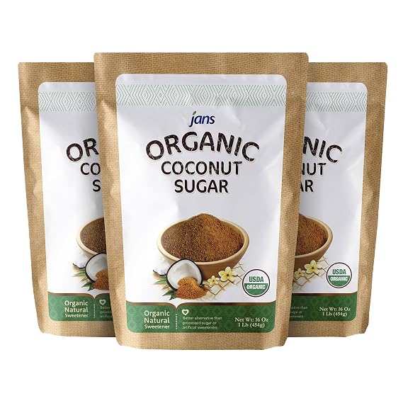 Jans Organic Coconut Sugar, Pack of 3, Unrefined Natural Sweetener | Gluten Free, Non GMO, Low Glycemic Coco Sugar, Coconut Palm Sugar for Baking, Coffee, Tea & Cooking, 100% Raw Vegan
