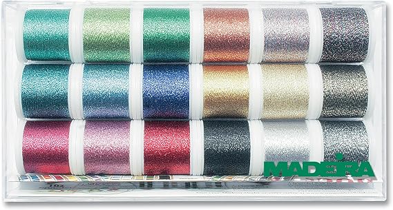 Madeira Metallic Supertwist Thread Set – Clear Box 18 x 200m Sparkling Metallic Embroidery Threads, Machine Sewing Thread Kit, Multi Colour Decorative Craft Threads 8020