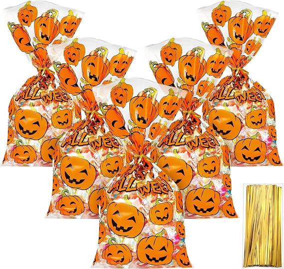 Hestya 50 Pcs 6 x 10 Inch Halloween Treat Bags Pumpkin Cellophane Candy Bag