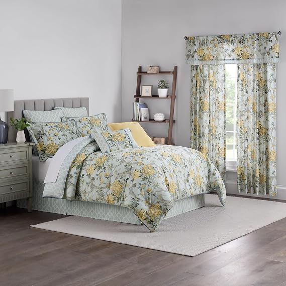 Waverly Peony Gardens 4 Piece Cotton Comforter Set, Embellished All Season Bedding, Includes One Comforter, One Bed Skirt and Two Pillow Shams, Machine Washable King Bed Set, Blue