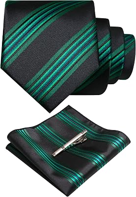 RBOCOTT Silk Stripe Plaid Tie and Pocket Square with Tie Clip Sets for Men