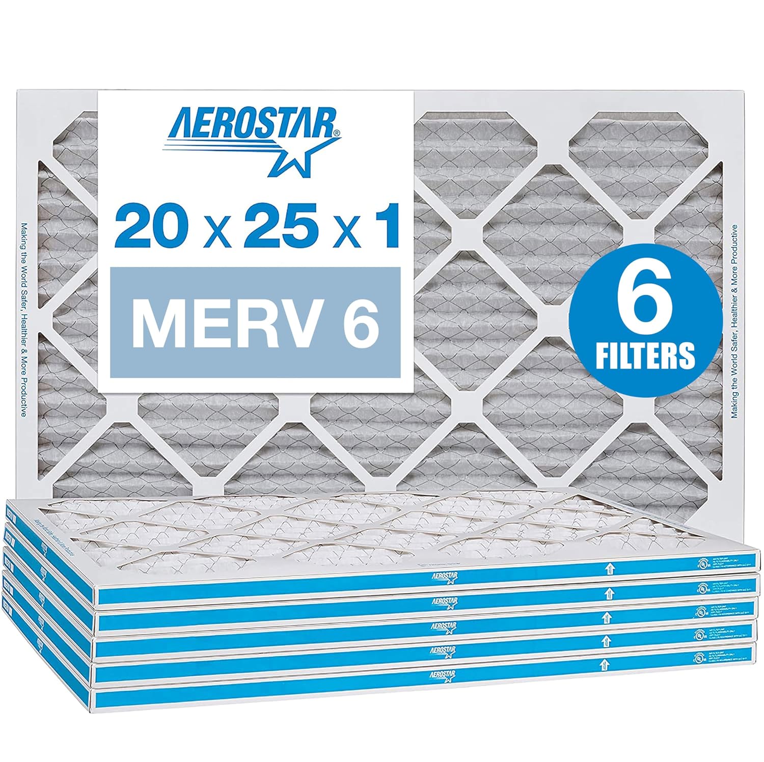 Aerostar 20x25x1 MERV 6 Pleated Air Filter, AC Furnace Air Filter, 6 Pack Actual Size: 19 34x24 34x34
