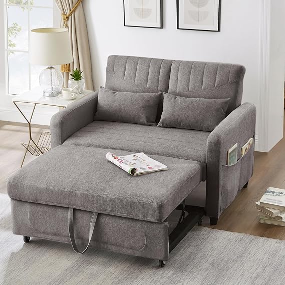 2 Seater Sofa Pull Out Sofa Bed with Pull Out Design and Sleeping Function, Sofabed Couch Bed with Three-Level Adjustable Backrest and Storage Bag, Loveseat Sofas, Cotton Linen, Dark Grey