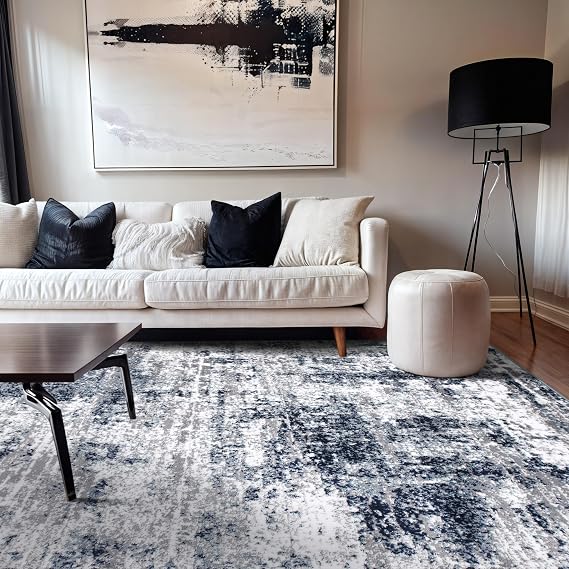 Rugshop Modern Distressed Blue Abstract Area Rug Bohemian Inspired for Living Room, Dining Room and Office 6'6" x 9'