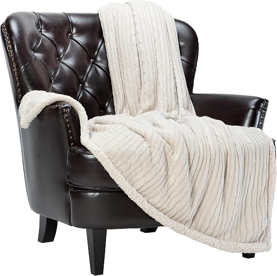 Chanasya Premium Cable Knit Throw Blanket - Soft and Cozy Throw Blanket with Plush Sherpa Side - 50" x 65 - Beige