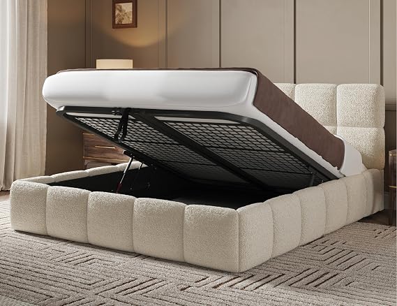 Luxury Cloud Teddy Boucle Ottoman Bed Double 4ft6, Teddy Boucle Gas Lift Double Beds Frame with Storage, Luxury Frame with Headboard, Space Saving Ottoman Bed for Stylish Bedrooms in Ivory Boucle