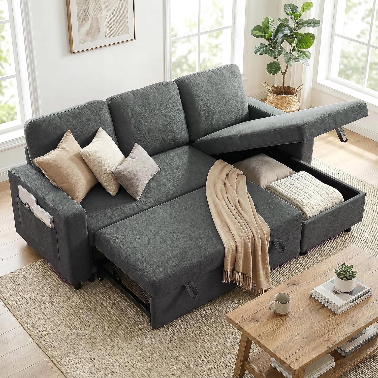 HOMCOM Sofa Bed with Storage, Convertible L Shaped Corner Sofa, 3 Seater Pull Out Sofa Bed with Reversible Chaise, Side Pockets for Living Room, Bedroom, Small Spaces, Charcoal Grey