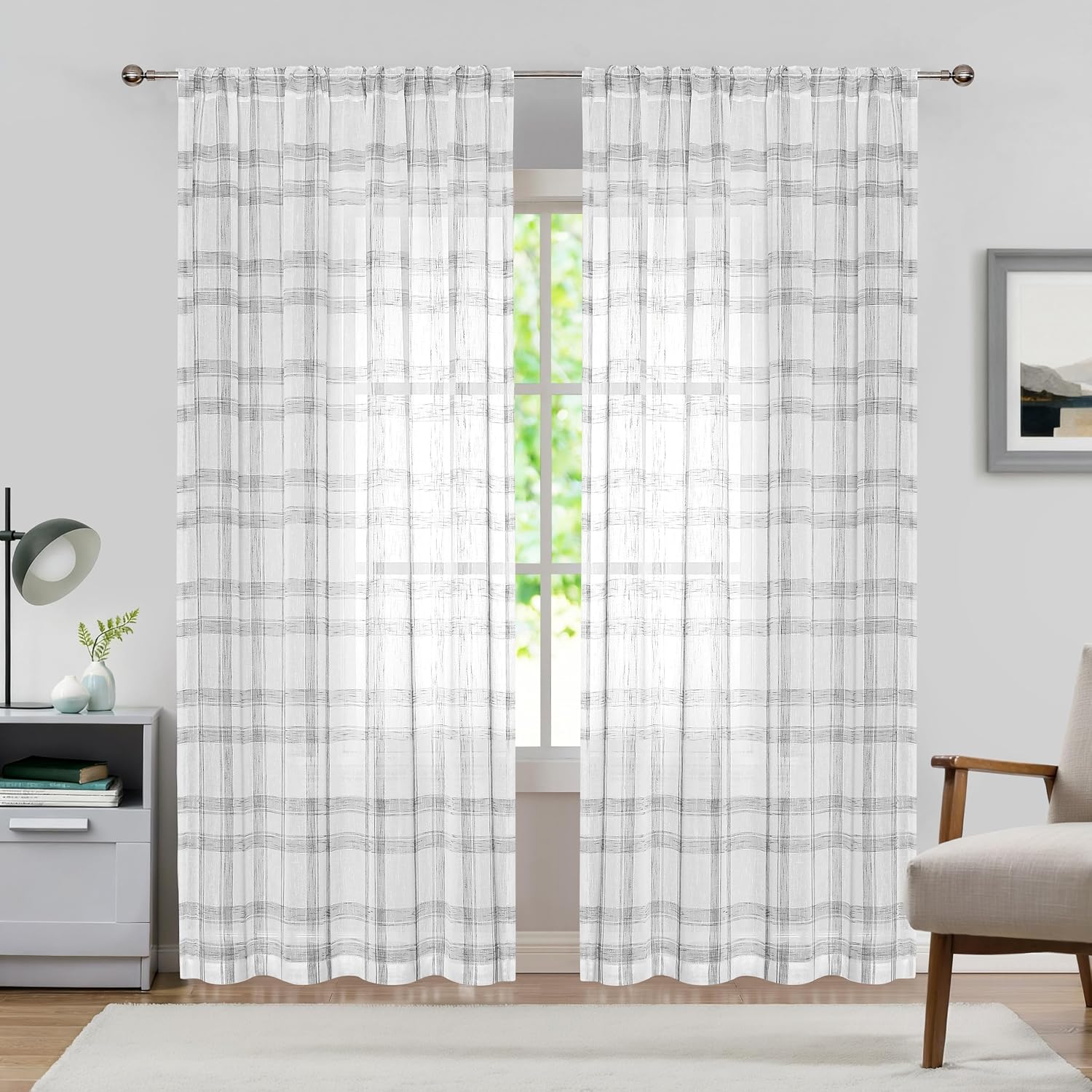 Randall Geometric Check Curtain Panel Pairs 84 Inches Long Linen Blend Semi-Sheer Backtab Rod Pocket Rustic Farmhouse Style Window Treatment Drape Sets for Bedroom Living Room, 54x84x2, GreyWhite