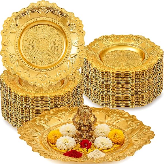 12 Pack Nakshi Plate Indian Pooja Thali 3.9 Inch Gold Metal Decorative Plates Embossed Offering Trays Return Gift Plate for Puja Mandir Temple Worship Diwali Housewarming Prayer Ceremony