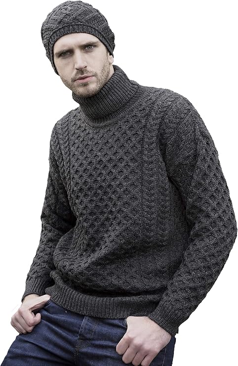 Aran Crafts Unisex Irish Cable Knitted Soft Roll Neck Sweater (100% Merino Wool)