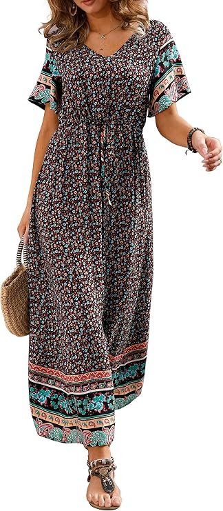 GRECERELLE Womens Summer Maxi Boho Beach Dress Floral Print Dress V Neck Short Sleeve Drawstring High Waist Flowy Long Midi Dresses