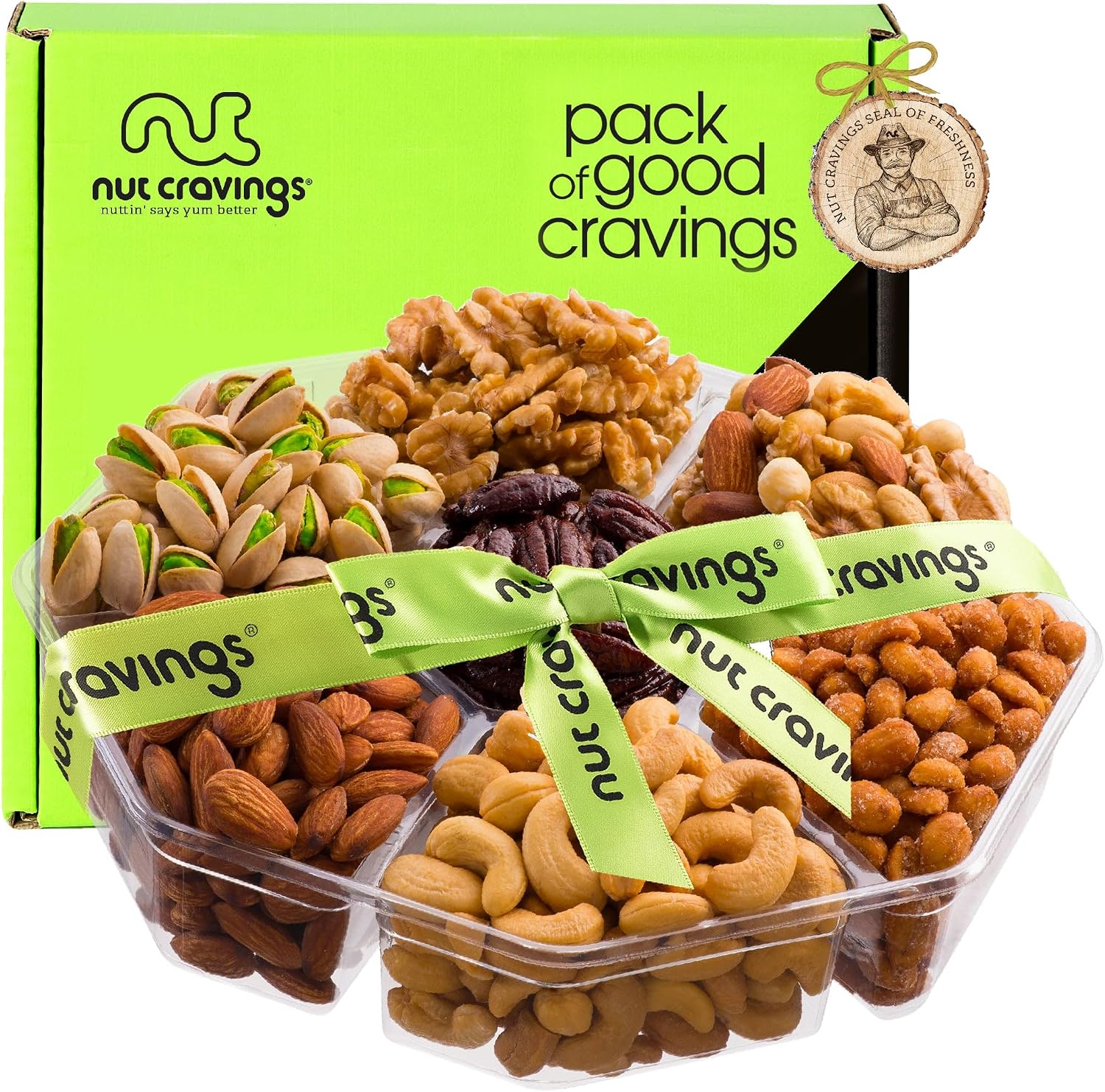 NUT CRAVINGS - Halloween Treats For Adults Mixed Nuts Gift Basket  Green Ribbon 7 Assortments, 2.2 LB Holiday Xmas Christmas Food Arrangement, Healthy Snack Care Package, Food Assortments