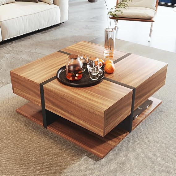 Square Coffee Table, Living Room Coffee Table, Tea Table Side Table with 4 Drawers and Bottom Storage Space, 78 * 78 * 36cm, Natural