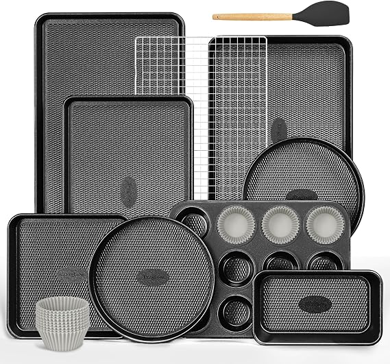 HONGBAKE 22-Piece Baking Pans Set Nonstick, Stackable Non Toxic Bakeware Sets with Diamond Texture, Oven Pan Set for Cooking, Includes Cookie Sheet with Rack, Cake Pan, Roasting Pan, Muffin Tin, Gray
