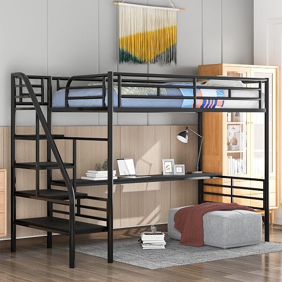 Metal Loft Bed Frame for Boys Girls Kids Adults Toddler with Desk, No Box Spring Needed,Twin,Black