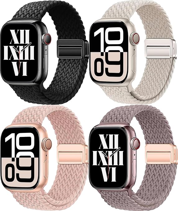 4 Pack Braided Magnetic Band Compatible with Apple Watch Women Men 49mm 46mm 45mm 44mm 42mm(2024 series 10) 41mm 40mm 38mm, Stretchy Nylon Sport Loop Strap for iWatch Ultra 2/1 Series 10 9 8 SE 7 6 5 4 3 2 1