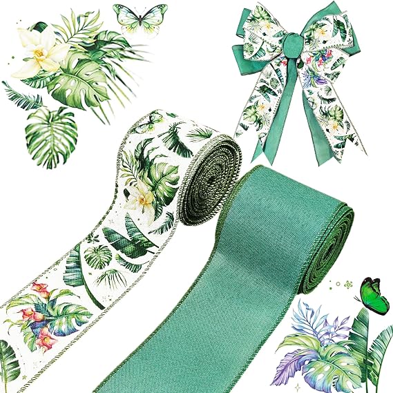 2 Rolls 20 Yards Floral Wired Edge Ribbon Green Leaves Butterfly Flowers Printed Burlap Ribbon for Gift Wrapping Bow Wreath Making for Birthday Wedding Party Hair DIY Decor Craft Supplies (Green)