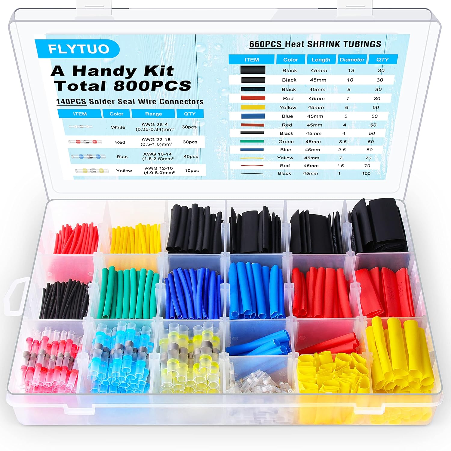 Pack of 800 Heat Shrink Tubing and Solder Connectors Waterproof Set Consisting of 660 Heat Shrink Tubes (1 to 13 mm) and 140 Pieces Solder Connectors (AWG 26-10) with a Shrink Ratio of 2:1