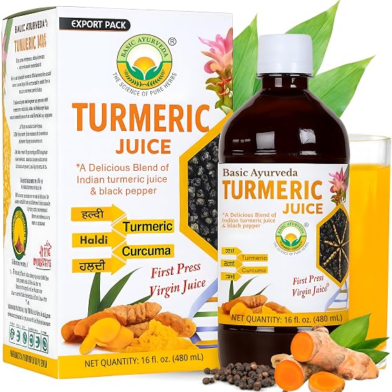 BASIC AYURVEDA Turmeric Juice with Black Pepper | Pure Haldi Extract for Wellness Support | Traditional Ayurvedic Herbal Drink | Vegan, Non-GMO & No Added Sugar | 16.23 Fl Oz (480ml)