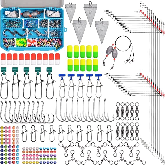 Saltwater Surf Fishing Tackle Kit Fishing Gear Tackle Box with Tackle Included Fish Finder Rigs Pompano Rig Pyramid Sinker Weight Fishing Hook Swivels Fishing Beads Accessories