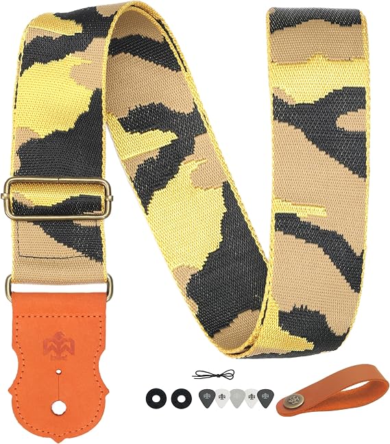 Guitar Strap - Double Layer Brushed Real Cowhide Ends,Safe Durable,2in,Soft Adjustable Guitar Straps for Acoustic&Electric Guitars,Bass,Ukulele,Guitarists Gift Set,Camouflage Yellow