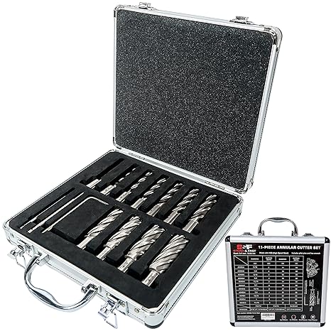 S&F STEAD & FAST Annular Cutter Set 13 Pcs, Cutting Depth 2" Cutting Diameter 7/16" to 1-1/16" Inch, Mag Drill Bits Kit for Magnetic Drill Press, with 2 Pilot Pins