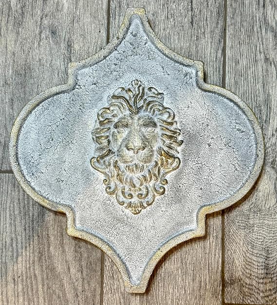 Decorative Wall Shield with Lion Design, Silver Metallic and Gold Trim, Indoor Wall Art, 14 x 13 inches
