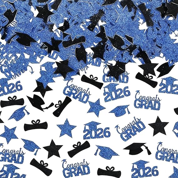 Class of 2026 Graduation Confetti, Blue and Black Glitter, 100 Pieces with Congrats Grad and Cap Design