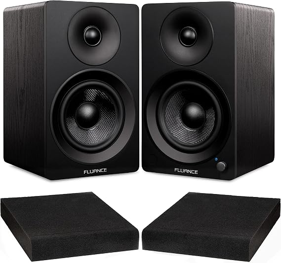 Fluance Ai41 Black Ash Powered 2.0 Stereo Bookshelf Speakers with 5" Drivers, 90W Amplifier for Turntable, TV, PC and Bluetooth 5 and High Density Acoustic Foam Isolation Pads 8.5" x 6.35"