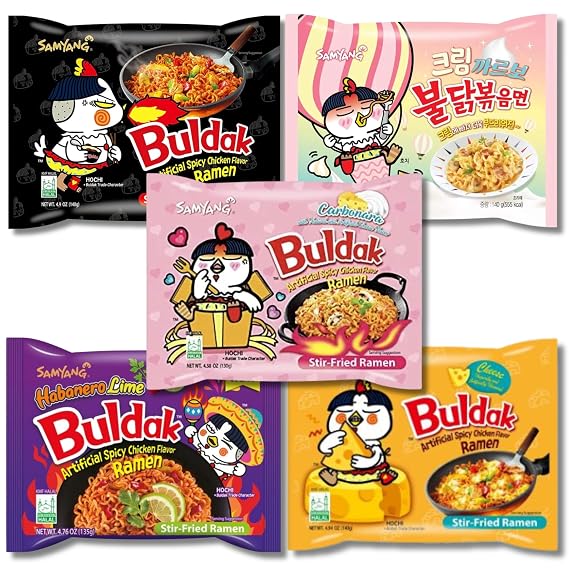 Buldak Ramen Noodles 5 Flavor Variety Combo - Original, 2x Spicy, Cheese, Carbonara, Jjajang - Total 5 pack (1 Pack ea) - Spicy Ramen Noodles Samyang Buldak Ramen Korean Spicy Hot Chicken Stir-Fried Noodles Bundle with 5 ALL.FOR.YOU. Branded Chopsticks (5 Flavor Variation 3)