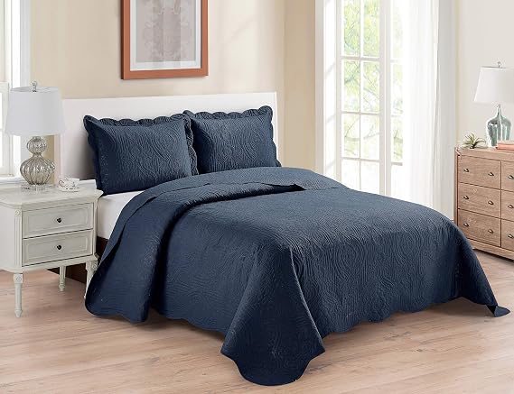 Home Collection 3pc King/Cal King Over Size Luxury Embossed Bedspread Set Light Weight Solid Navy Blue New