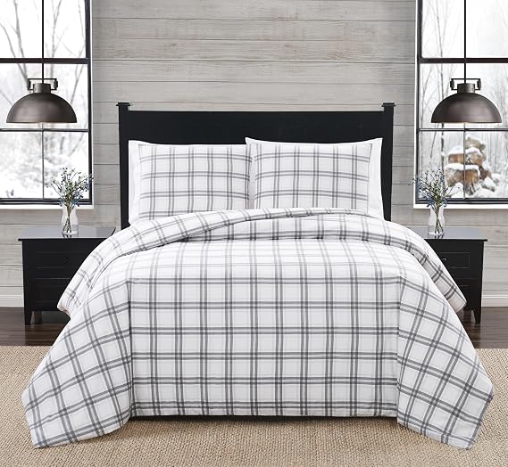 London Fog Plaid Flannel White and Grey Cotton 3-Piece Full/Queen Comforter Set, Plaid, 100% Cotton, for Men and Women, Oeko-TEX Certified Confidence