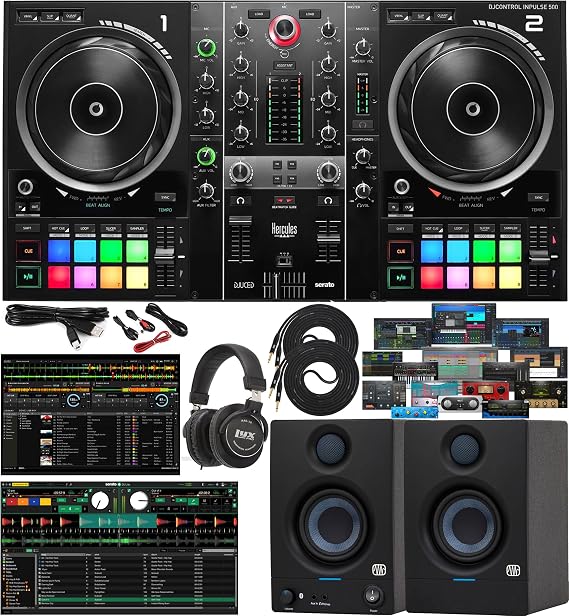 Hercules DJControl Inpulse 500 2-Channel USB DJ Controller Bundle with Eris 3.5BT Bluetooth Studio Monitors, Built-in Audio Interface Complete Home DJ & Studio Magic Plug-in Suite Software Setup