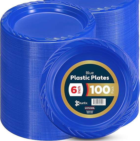 Munfix 6 Inch Blue Plastic Plates 100 Bulk Pack Disposable