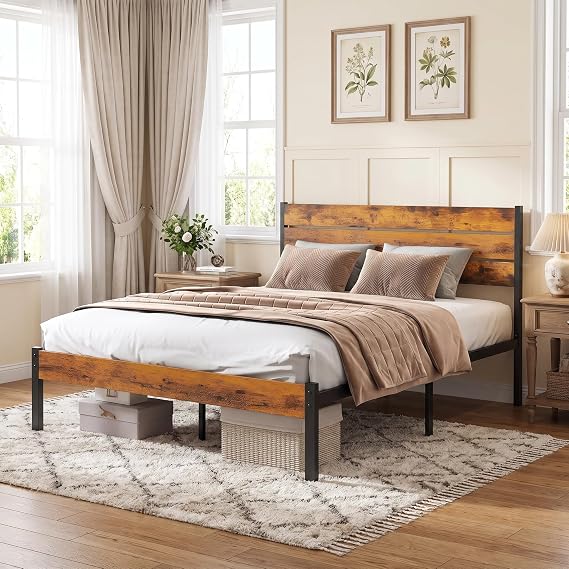 Sweetcrispy Full Size Bed Frame with Headboard and Footboard, 800LBS Heavy Duty Wood Metal Support Platform Mattress Foundation with Under Bed Storage, No Box Spring Required, Retro Brown