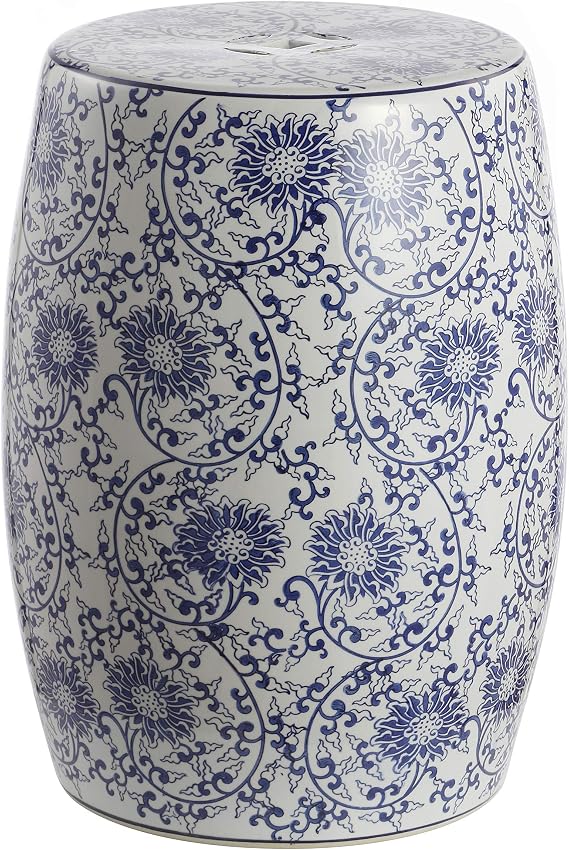 JONATHAN Y Lotus Blossom Garden Stool Chinoiserie Drum 17.5", Blue/White