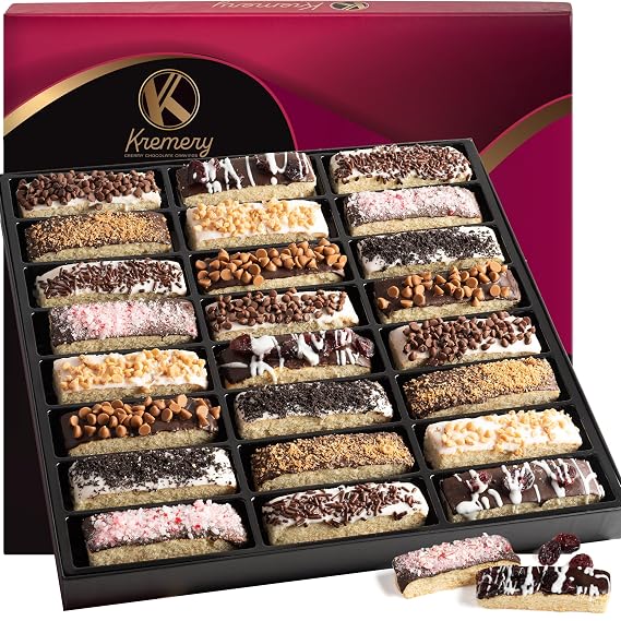 KREMERY Creamy Chocolate Cravings - Chocolate Covered Biscotti Cookies | Gift Basket with Candied Toppings (24 Biscotties) Sweet Treats in Elegant Box, Kosher