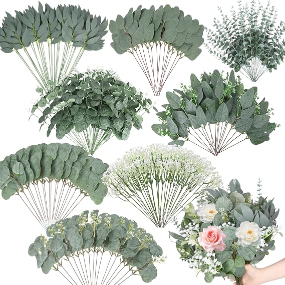 200 Pcs 8 Kinds Mixed Artificial Eucalyptus Stems Bulk Fake Silver Dollar Eucalyptus White Seeds Stems Bundle Faux Plants Greenery for DIY Bouquets Floral Arrangement Wedding Engagement Party Decor