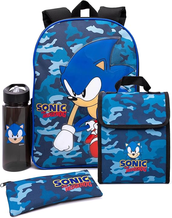 Sonic The Hedgehog Boys Backpack | Kids Navy Camo School Rucksack Pencil Case, Water Bottle | Game Merchandise, Blue, One Size, ['Rucksack']