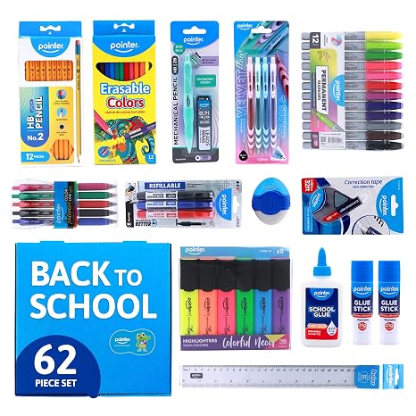 Pointer School Supplies Bundle Kit A Back to Learning Set Student Value Pack Essentials for Classroom, Writing, Drawing, Crafting, Study Materials Kids, Teens, Home Use Academic Essentials 62 Pcs
