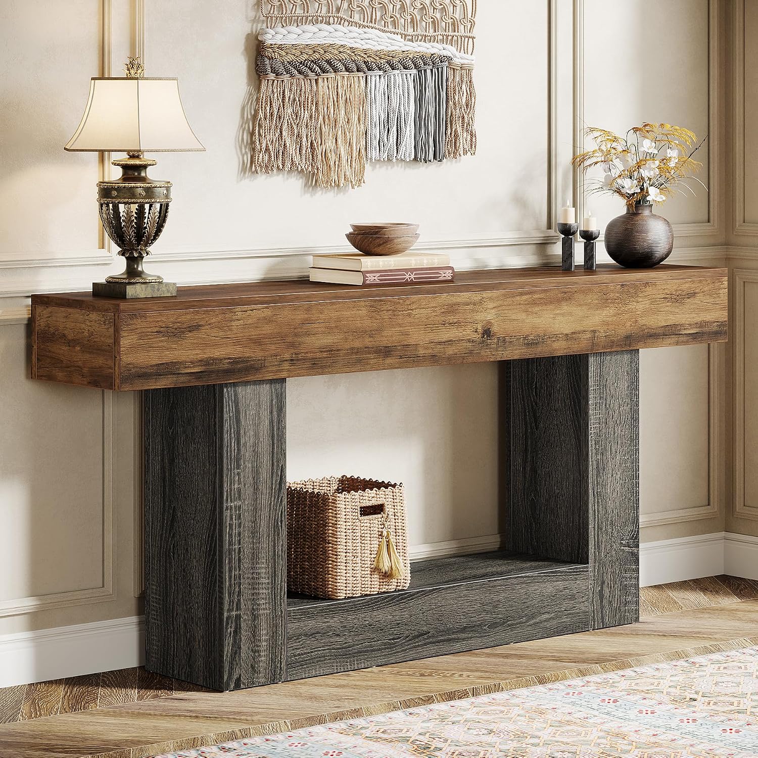 Tribesigns 63" Console Table, Farmhouse 2-Tier Entryway Table with U-Shaped Base, Narrow Long Wood Sofa Table Behind Couch Table for Living Room, Hallway, Foyer Vintage Brown & Gray