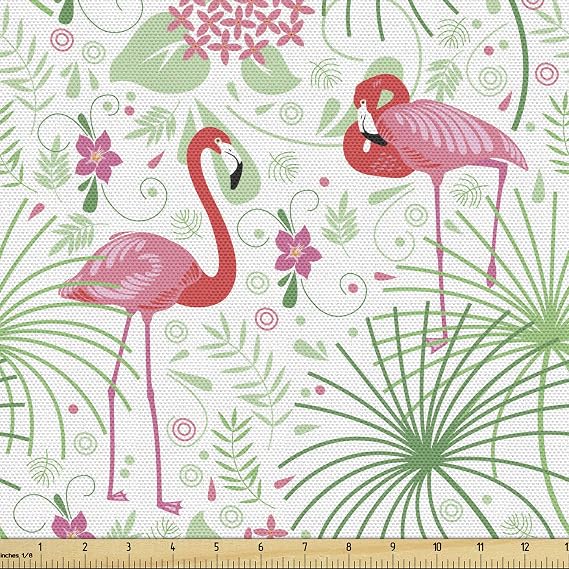 Lunarable Nautical Fabric by The Yard, Floral Pattern Flamingo Botany Greenery Floral Romantic Feminine Design Art, Decorative Fabric for Upholstery and Home Accents, 2 Yards, Ivory Green