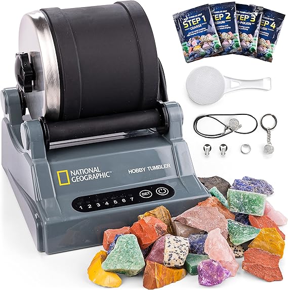 National Geographic Rock Tumbler Kit Hobby Edition Includes Rough Gemstones, and 4 Polishing Grits, Great STEM Science Kit for Geology Enthusiasts, Rock Polisher for Kids and Adults