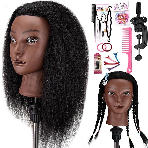 16 Inch 100% Real Hair Mannequin Head Training Head Cosmetology Manikin Doll Head For Hairdresser Practice Braiding Hair styling with Free Clamp Holder