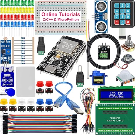 ESP32 Starter Kit | Sensors, Display, Modules, and Wires ESP32 Board, LCD, Servo, Ultrasonic, Buzzer, and More for Arduino IDE & MicroPython