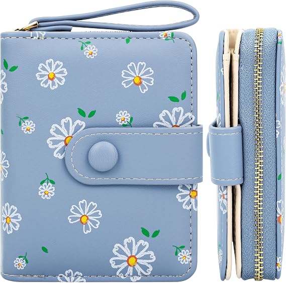 Farcauo Small Purses for Ladies Purse Flower Wallet for Women Cute Wallets with Card Holder Blue Ladies Kawaii Flower Card Wallets Coin Purse with Credit Card Holder