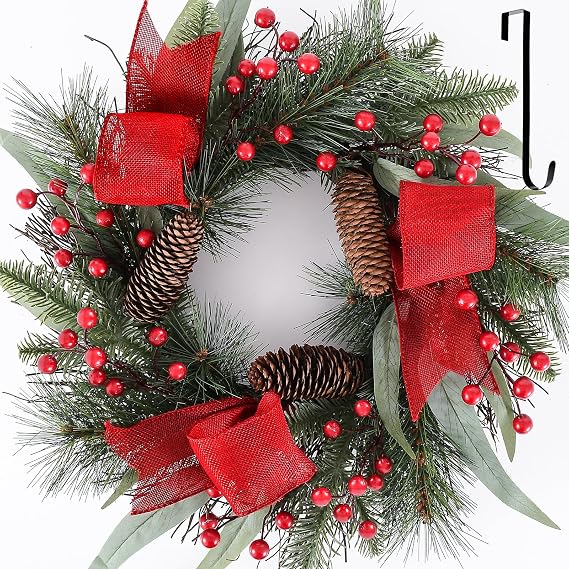24 Inch Christmas Wreaths for Front Door,Winter Wreaths for Indoor and Outdoor Xmas Decorations,Christmas Door Wreath with Red Christmas Ribbon, Pine Cones for Decor