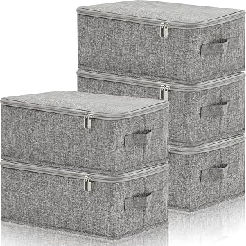 Soaoo 5 Pcs Fabric Storage Bins with Zipper Lids and Handle 15 x 10 x 6'' Rigid Collapsible Washable Wardrobe Storage Boxes Stackable Foldable Closet Organizer Containers Cubes, Gray