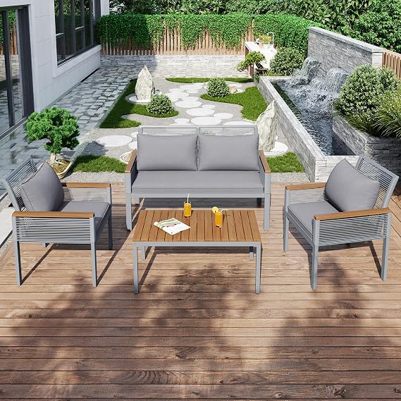 4 Seater Rattan Garden Furniture Set with 2 Armchairs, Garden Sofa Set with Table, Outdoor Furniture with Comfortable Cushions, Outdoor Sofa for Patio, Backyard, Grey
