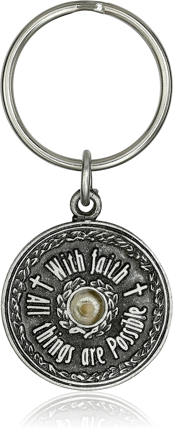 Genuine Mustard Seed Pewter Keychain with Faith All Things are Possible